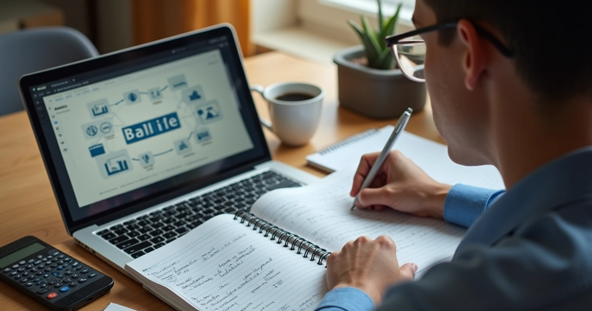 Pessoa estudando mercado financeiro com materiais e notebook