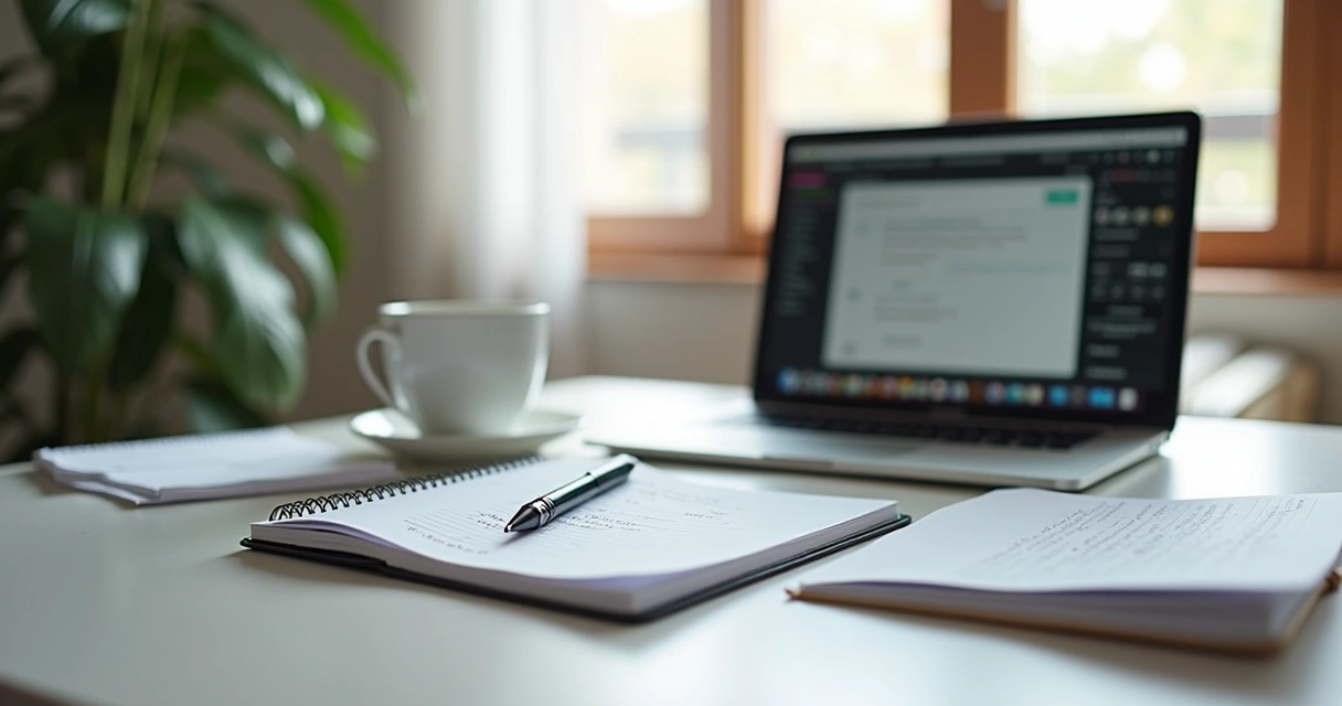 Pessoa estudando online com notebook e caderno 