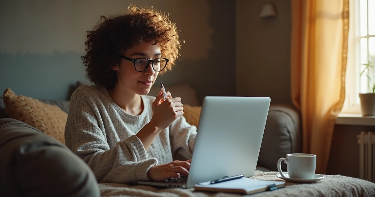 Pessoa estudando com notebook e café em ambiente confortável 