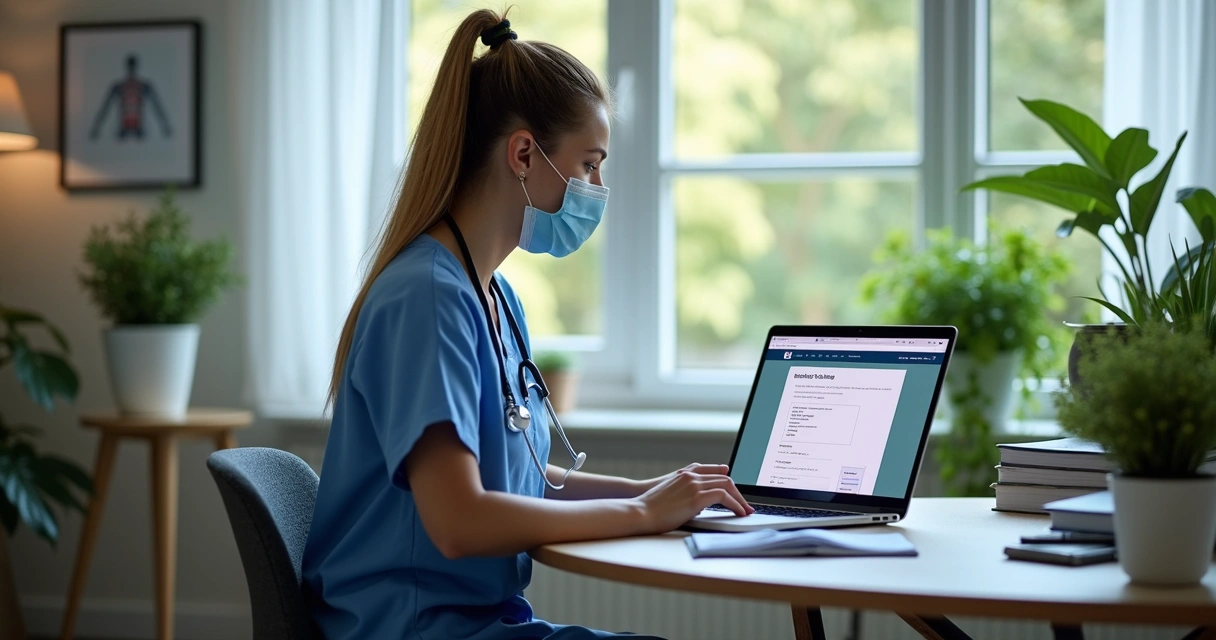 Profissional de enfermagem estudando online em computador. 