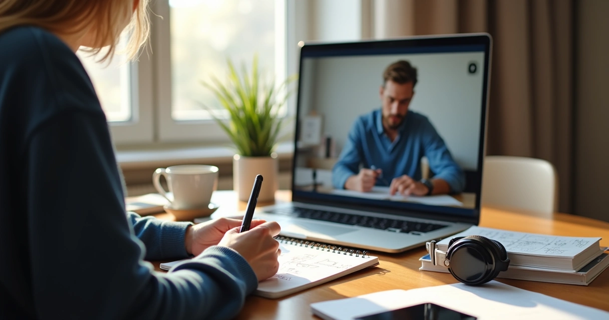 Pessoa estudando online com notebook e caderno 