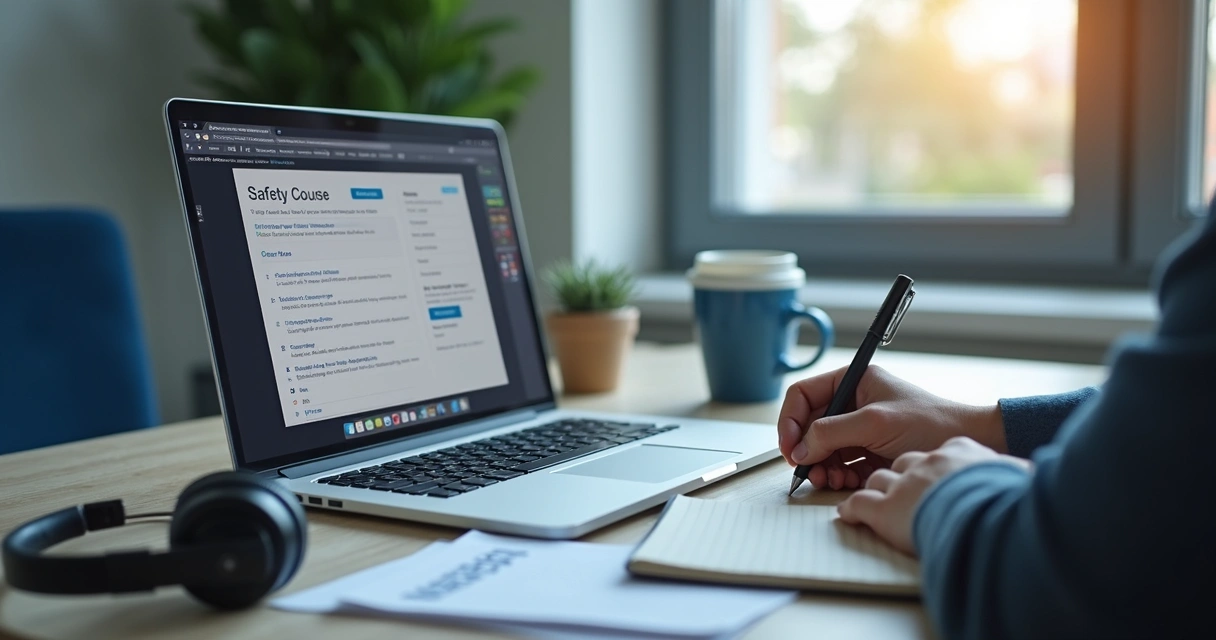 Estudante fazendo curso online de segurança em notebook com materiais de estudo na mesa 