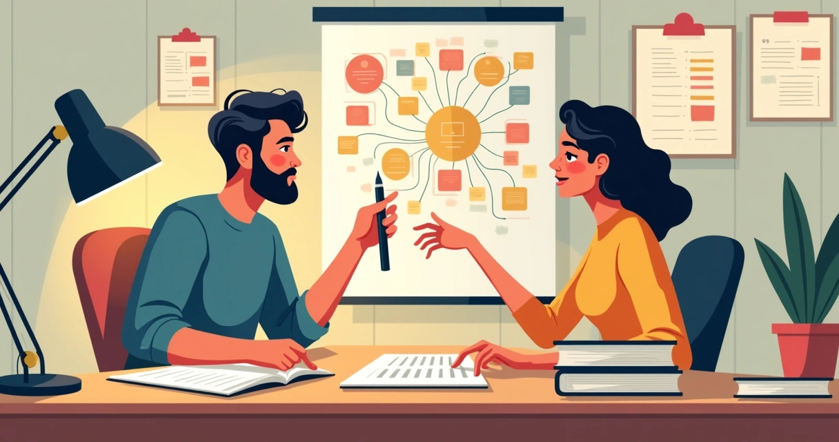 Duas estudantes trocando ideias em uma mesa, com post-its e livros 