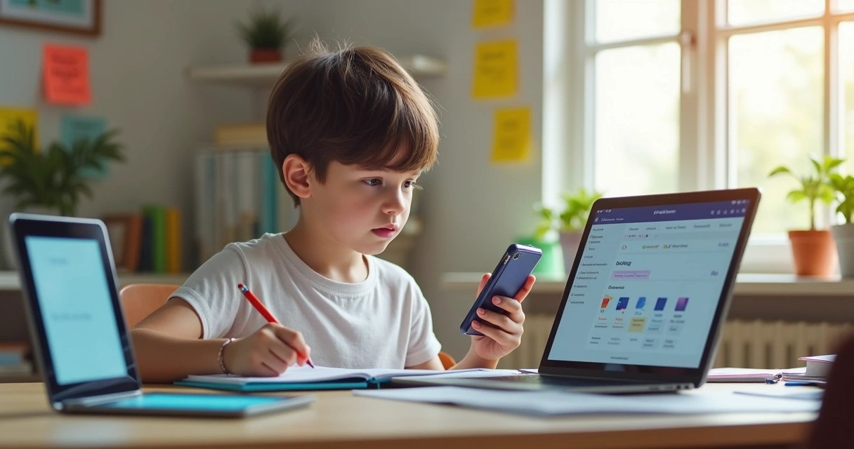 Vários dispositivos exibindo plataformas de organização de estudo digital 