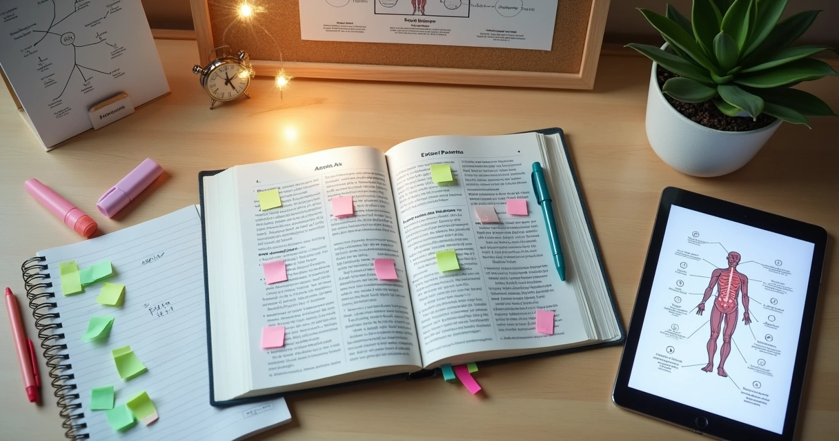 Mesa de estudo organizada com livros de acupuntura e tablet exibindo pontos extras em destaque 
