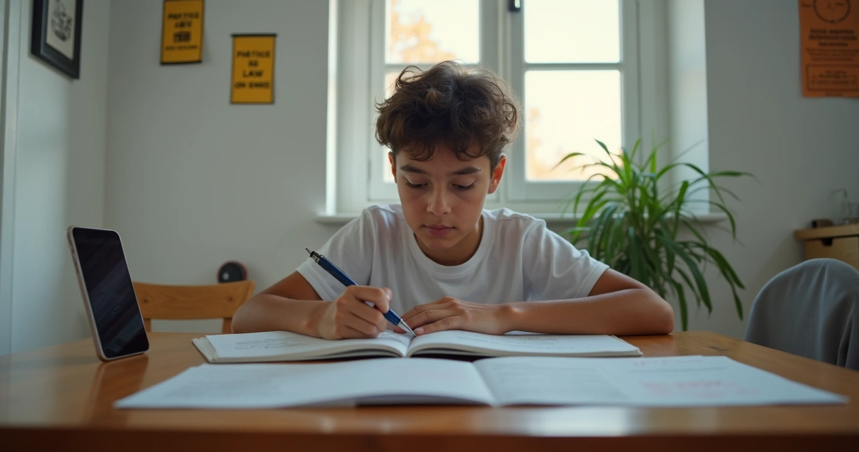 Jovem estudando para a prova da CNH em casa