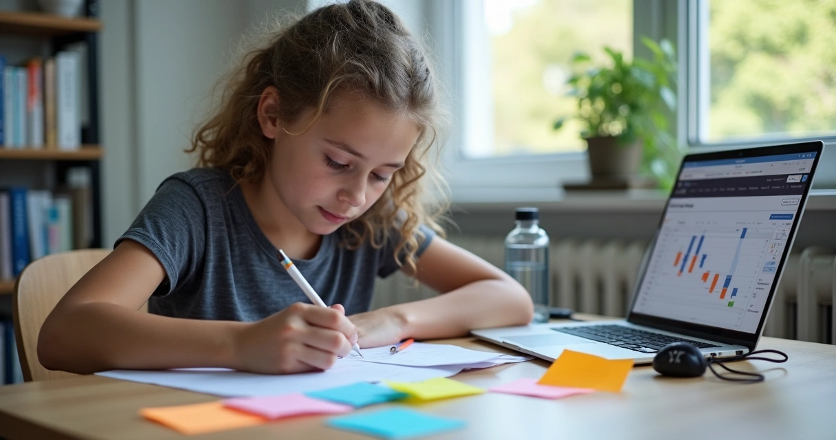 Jovem resolvendo questões com blocos de anotação, simulando ambiente de prova 