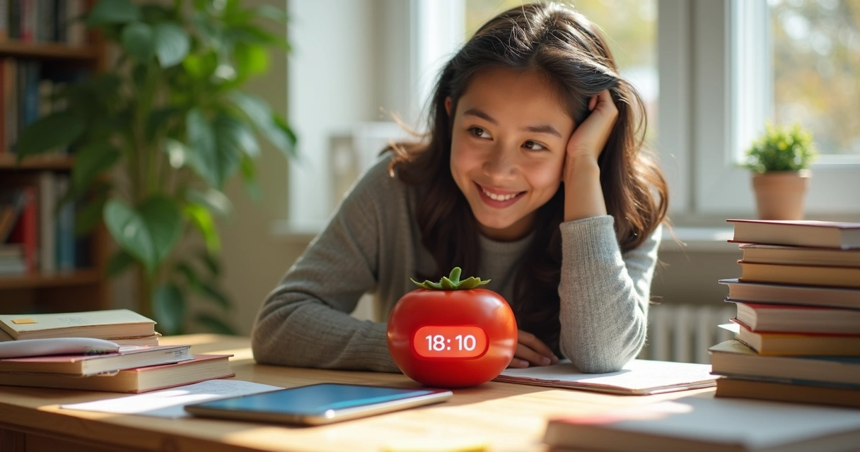 Estudante sorrindo ao cronômetro, livros à mesa. 