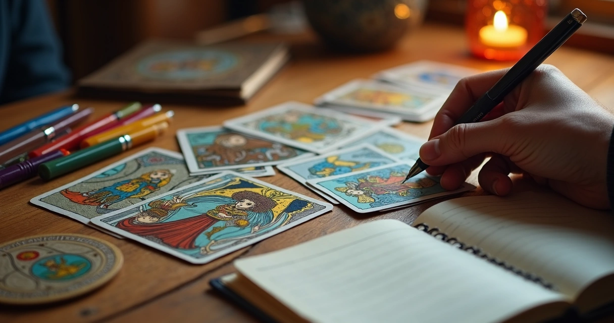 Baralho de tarot sendo estudado sobre uma mesa de madeira 