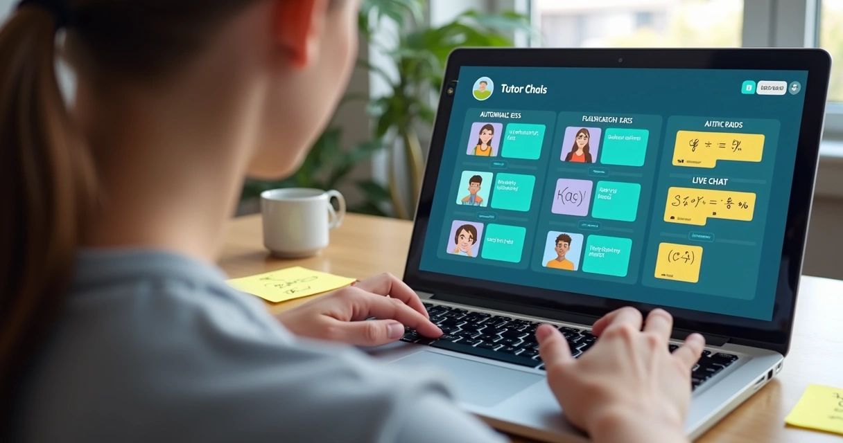 Aluno acessa plataforma de estudo online com IA e anotações visuais 