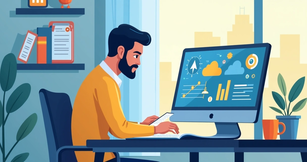 Contador estudando em computador sobre novas ferramentas 