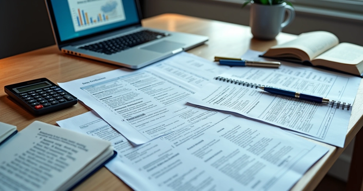 Mesa de estudos com apostilas, caderno e simulados de certificação 