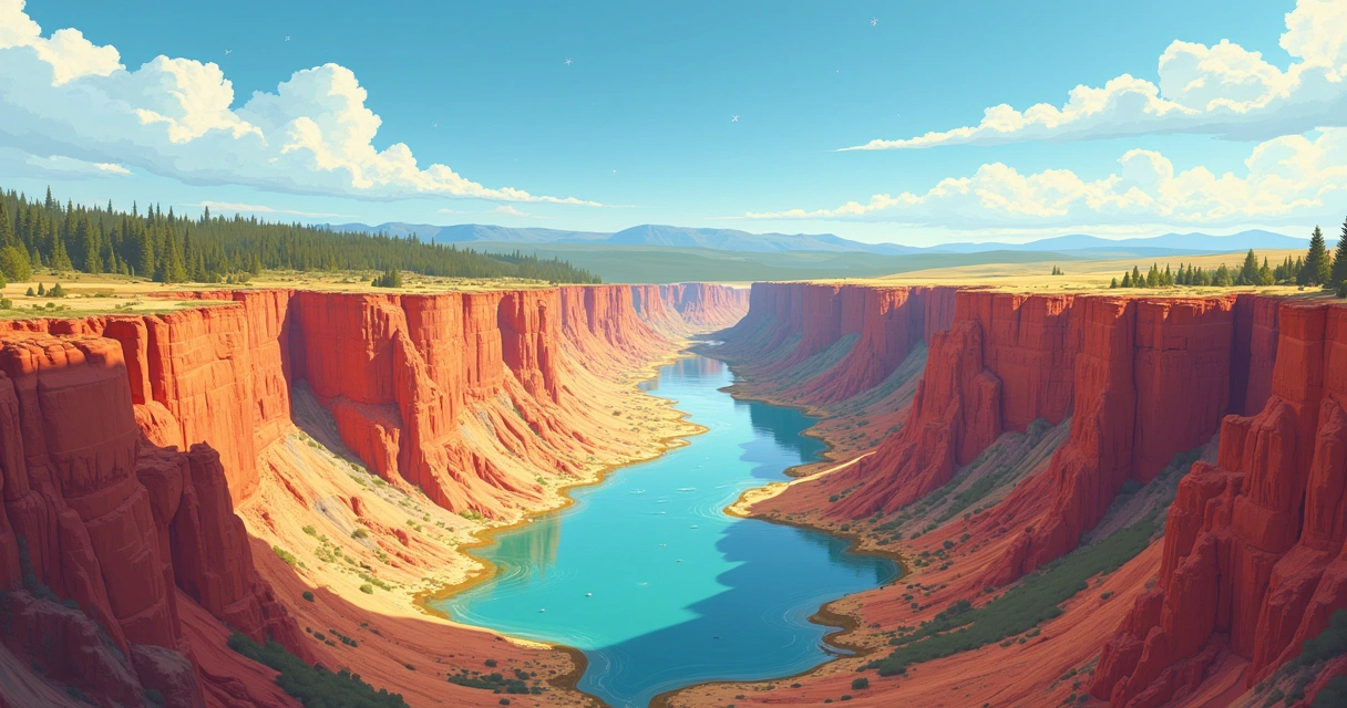 Ilustração de um cenário geológico com Yellowstone e Grand Canyon, evidenciando camadas rochosas e fósseis de peixes.
