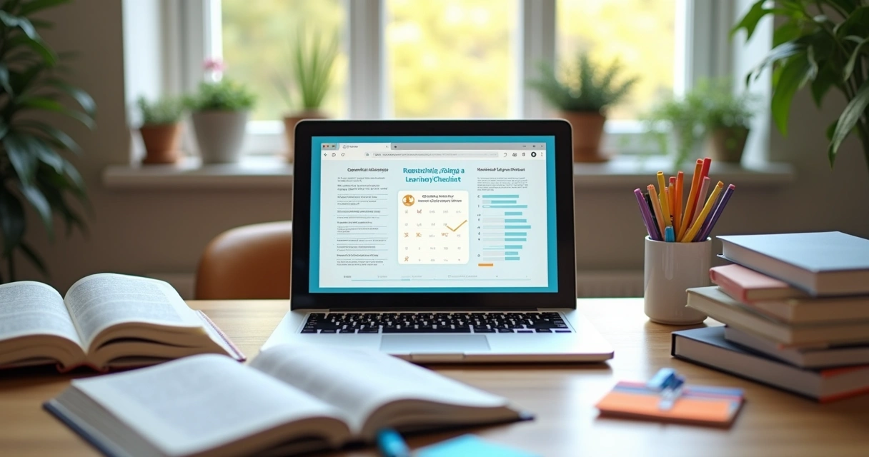 Mesa de estudo com laptop, tablet e livros abertos sendo usados em revisões on-line