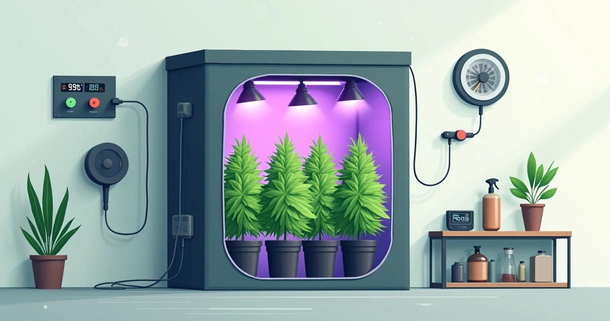 Estufa de cultivo indoor de cannabis com plantas verdes sob luzes de LED 