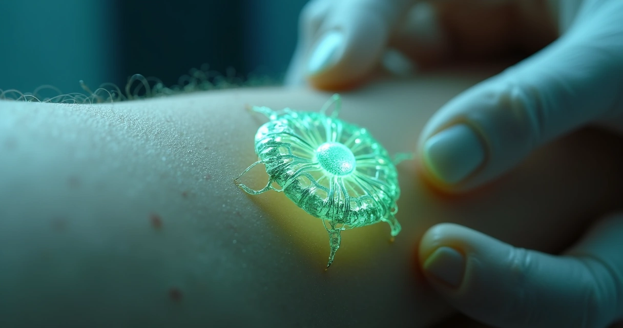 Close-up of an organic extraterrestrial implant being integrated into skin 