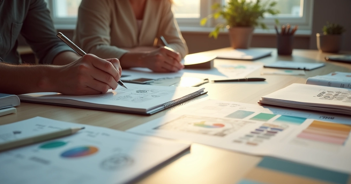 Pessoa escrevendo em bloco de notas durante reunião de briefing 