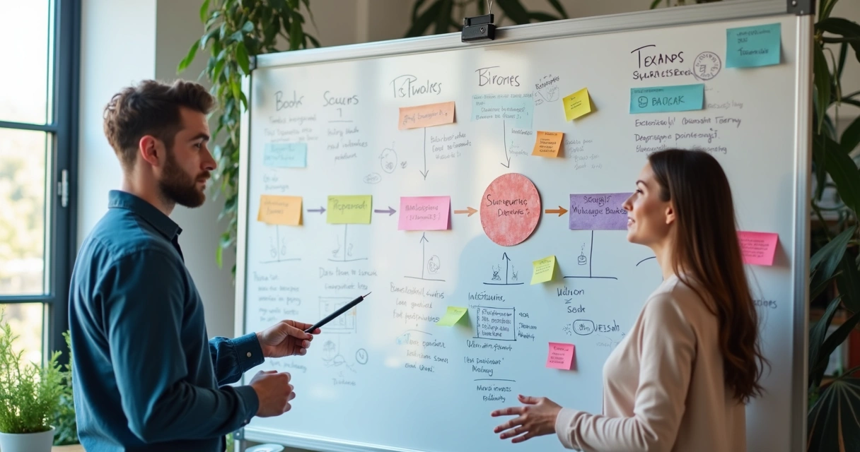 Quadro branco com etapas e dados de análise