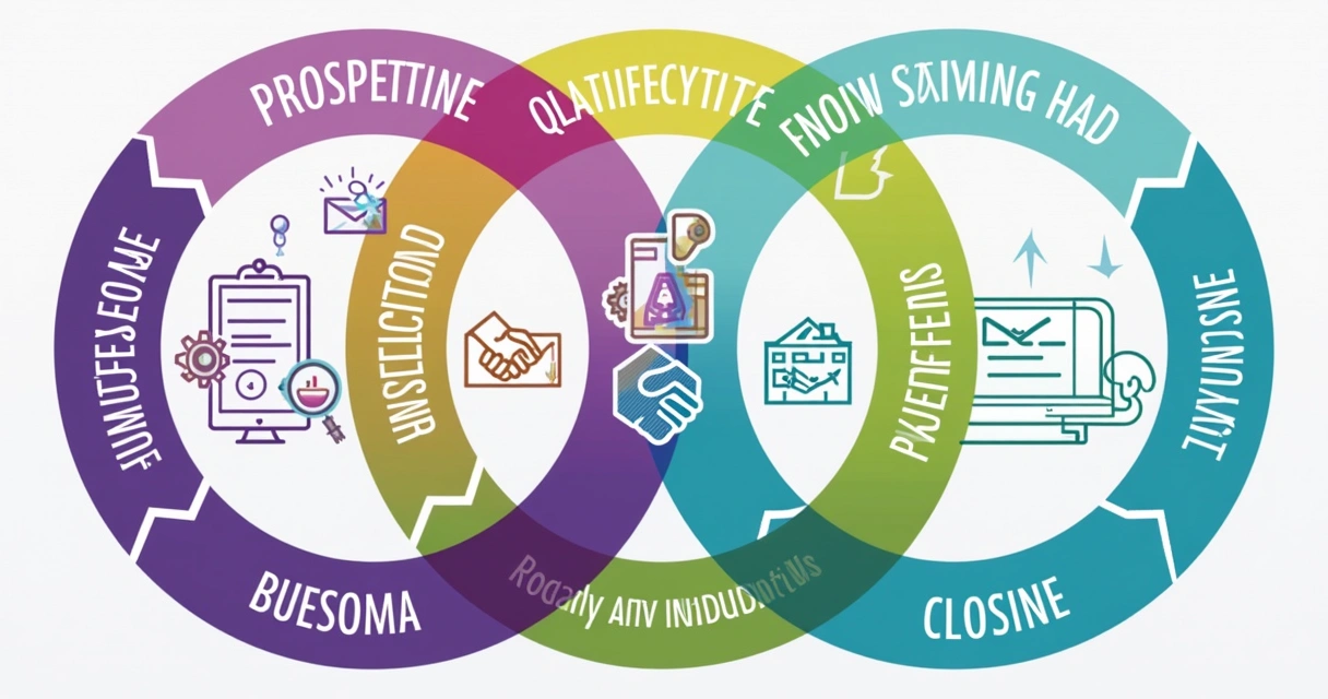Diagrama colorido mostrando as cinco etapas do ciclo de vendas com ícones digitais 