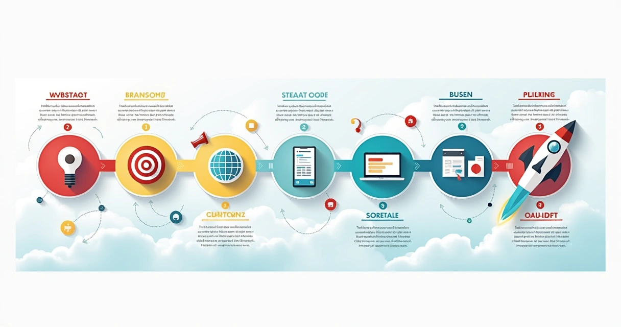 Etapas do desenvolvimento de um website conectadas em um fluxo 