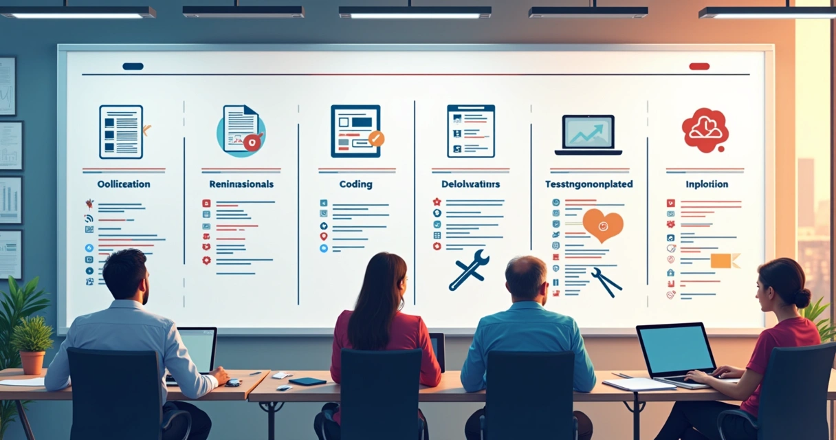 Quadro com etapas visuais do desenvolvimento de software 