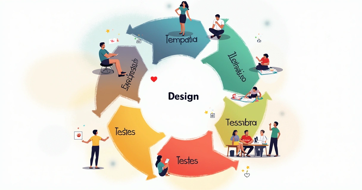 Ilustração das etapas do design thinking com cinco segmentos coloridos e pessoas envolvidas em cada etapa.
