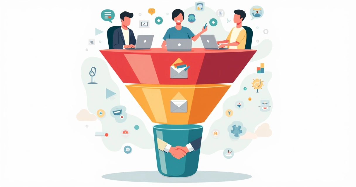 Ilustração colorida das etapas do funil de vendas: topo, meio e fundo, cada uma com exemplos visuais de ações digitais. 