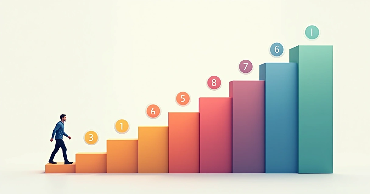 Ilustración de una persona avanzando por distintas etapas o niveles, cada uno representando una fase evolutiva 