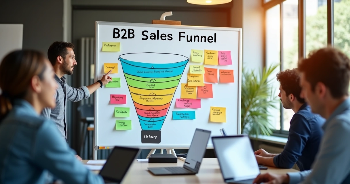 Quadro branco com etapas do funil B2B divididas e post-its 