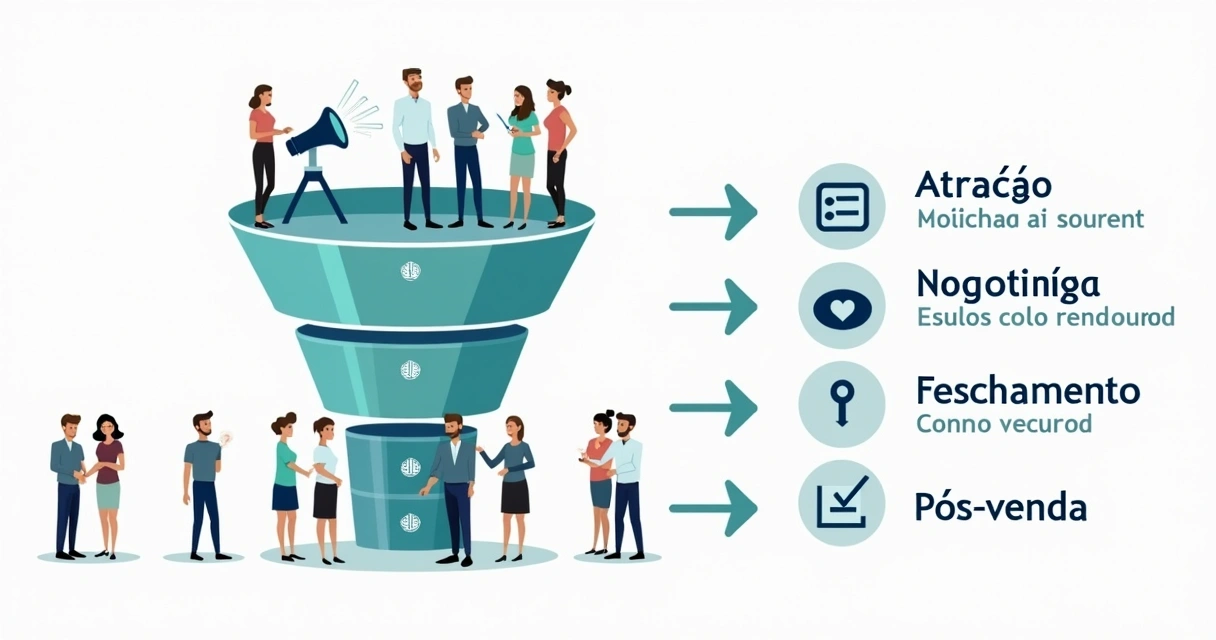 Ilustração de um funil de vendas imobiliário com etapas e setas mostrando o fluxo de leads