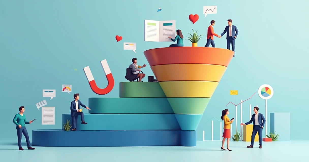 Ilustração das cinco etapas do funil de inbound marketing 