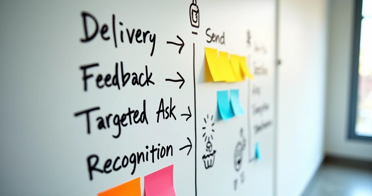 Quadro branco com etapas de um funil de indicações escrito à mão