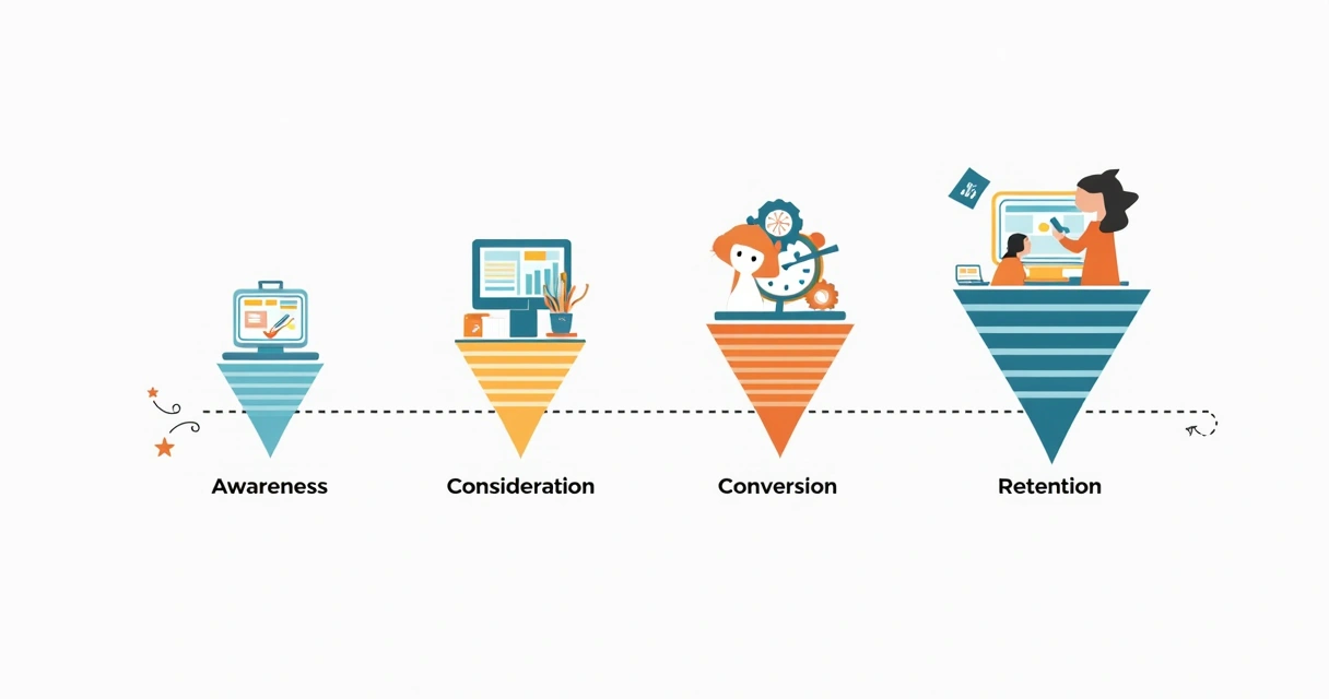 Etapas do funil de negócios ilustradas com ícones simples 