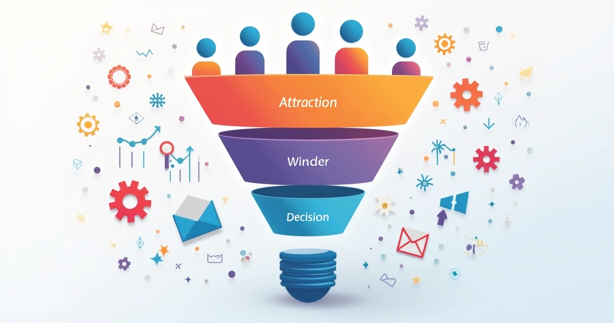 Representação visual das etapas do funil: atração, consideração e decisão.