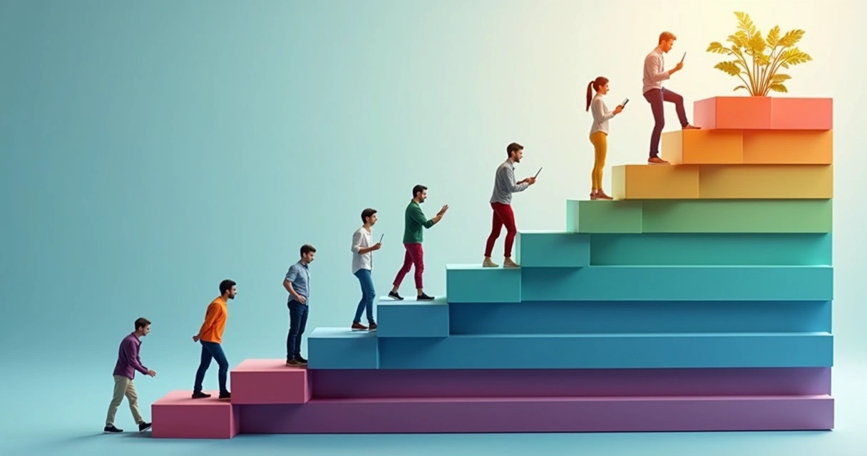 Sete etapas do funil de vendas representadas em escada colorida para agência