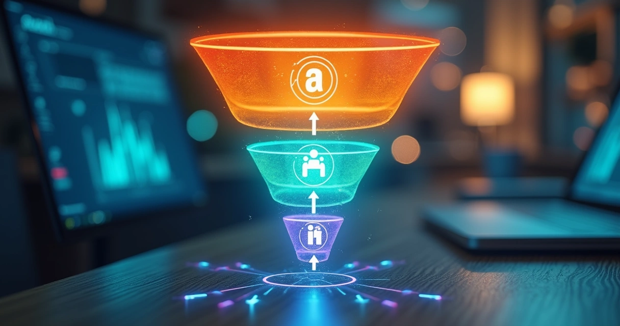 Etapas do funil de vendas digital, com ícones e conexões 