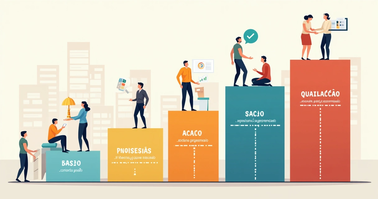 Ilustração colorida das etapas do funil de vendas para PME, mostrando as seis etapas do funil em caixas conectadas horizontalmente, cada uma com um ícone diferente e figuras de profissionais de vendas interagindo entre elas 