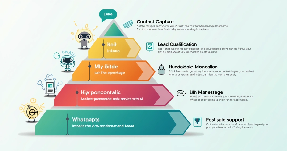 Ilustração colorida mostrando cada etapa de um funil de vendas automatizado no WhatsApp 
