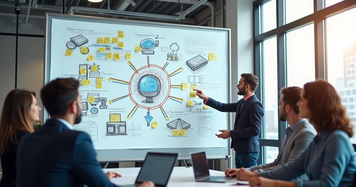 Quadro branco com etapas desenhadas simbolizando o processo de implementação de IA em empresas 