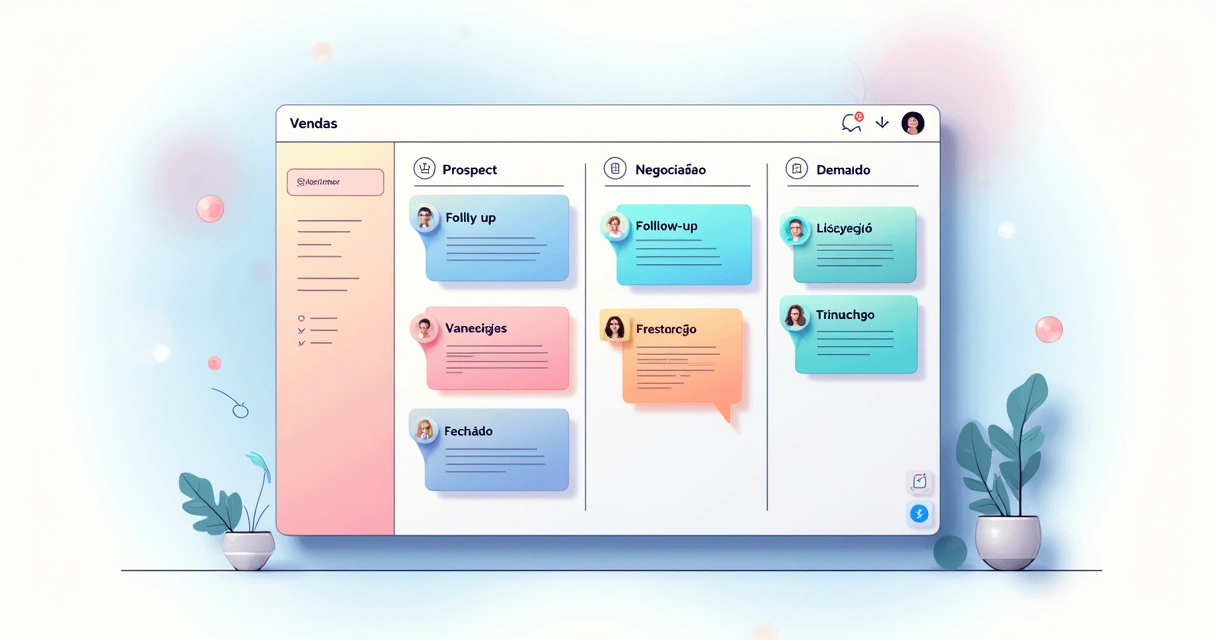 Quadro Kanban com colunas de etapas de vendas e cartões coloridos