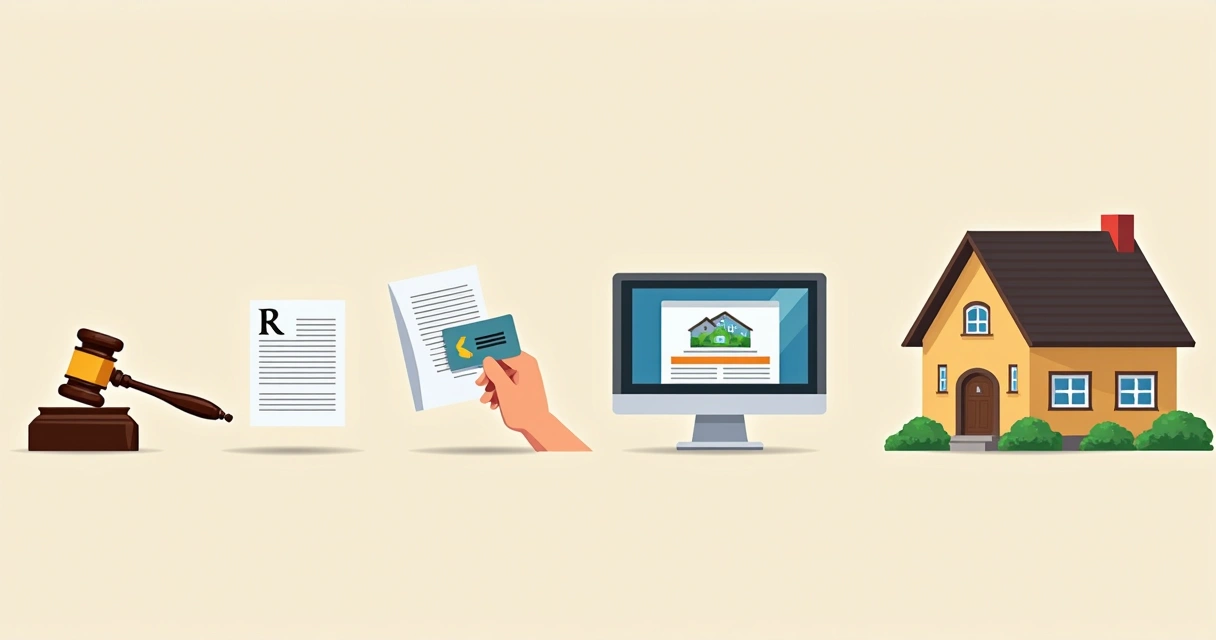 Sequência de etapas de leilão judicial de imóvel com documentos e gavel 