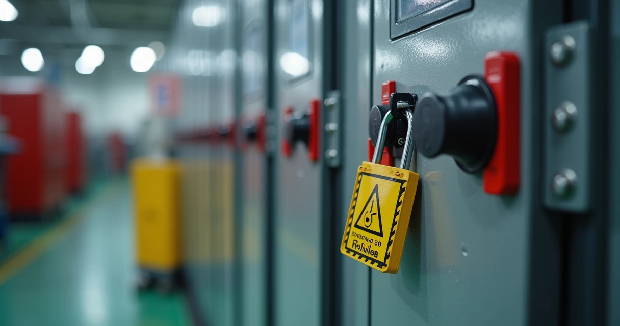 Equipamento industrial com cadeado e etiqueta de bloqueio LOTO 