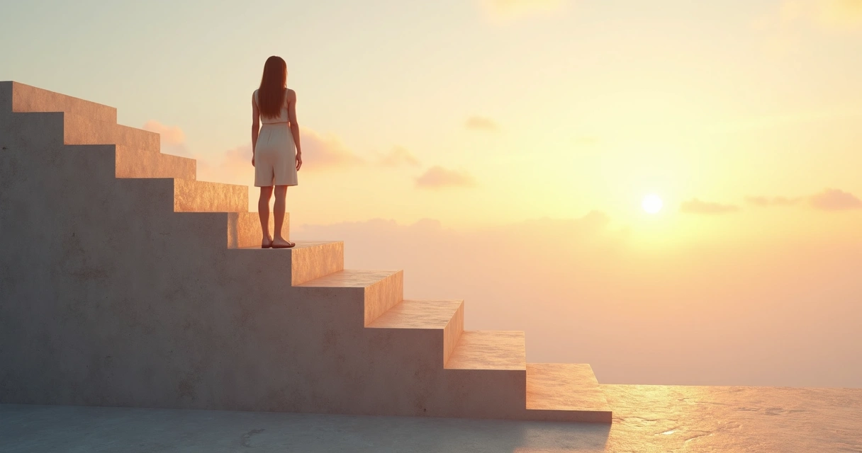 Persona subiendo cinco escalones luminosos hacia un cielo claro 