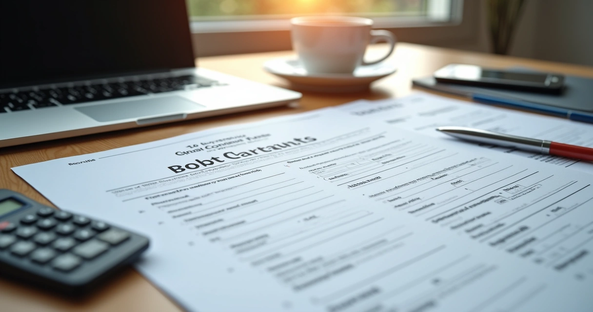 Mesa de escritório com documentos para abrir empresa, laptop, e caneca ao lado, mostrando processo administrativo em andamento 