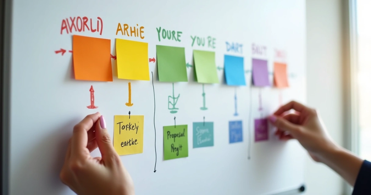 Quadro branco com etapas do pipeline de arquitetura organizadas em cartões coloridos 