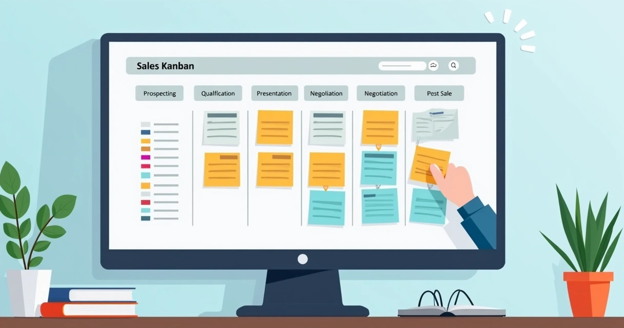 Quadro Kanban com as etapas do pipeline de vendas 