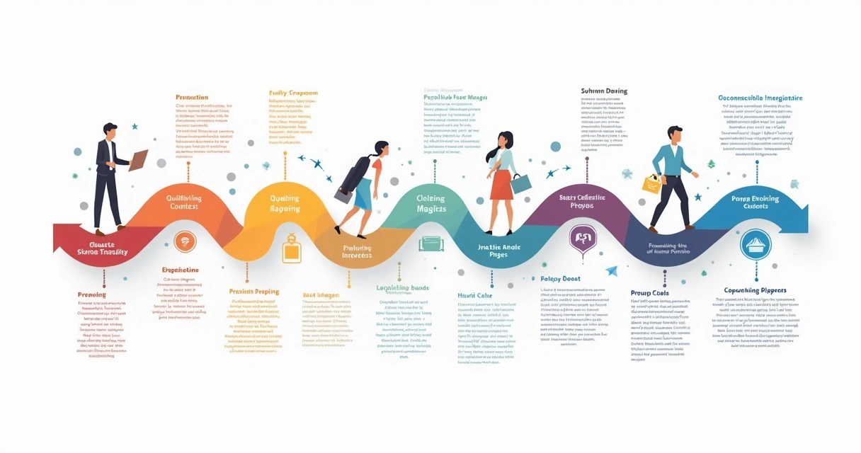 Etapas do pipeline de vendas com setas e fases conectadas 