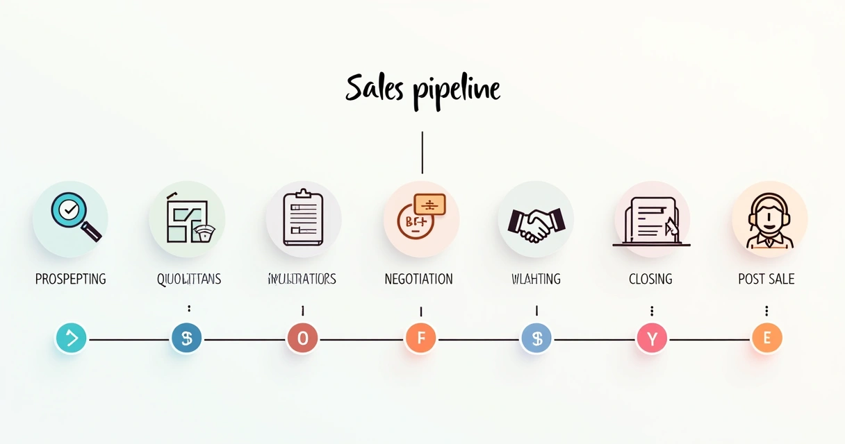 Desenho das etapas de um pipeline comercial com ícones para cada fase, como prospecção, qualificação e fechamento. 