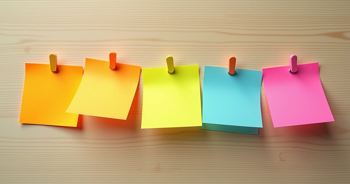 Post-its coloridos organizados em linha representando etapas de um processo sobre fundo de mesa de madeira clara 