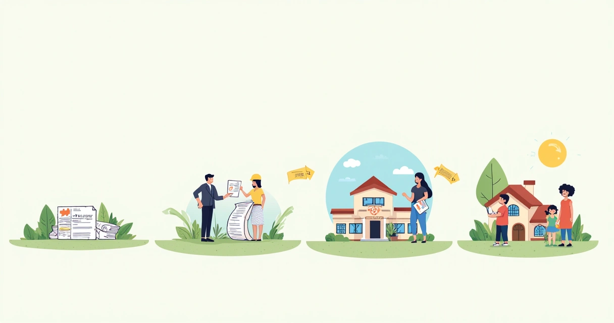 Ilustração das etapas da regularização fundiária, com documentos, profissionais e família feliz.
